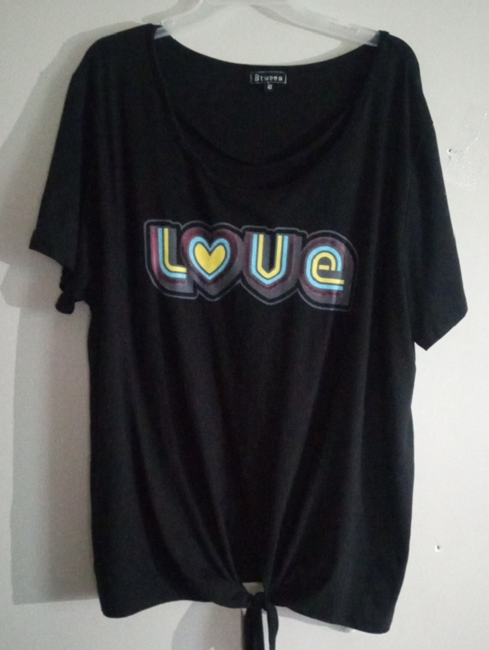 Btween Black Short-Sleeve LOVE Graphic Tie-Front Tee Statement Cotton Blend 3X